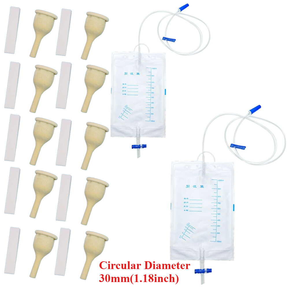 Condom Catheter 10Pcs 30mm Male Men Latex Catheters & 2Pcs 1000ml Urine Bags