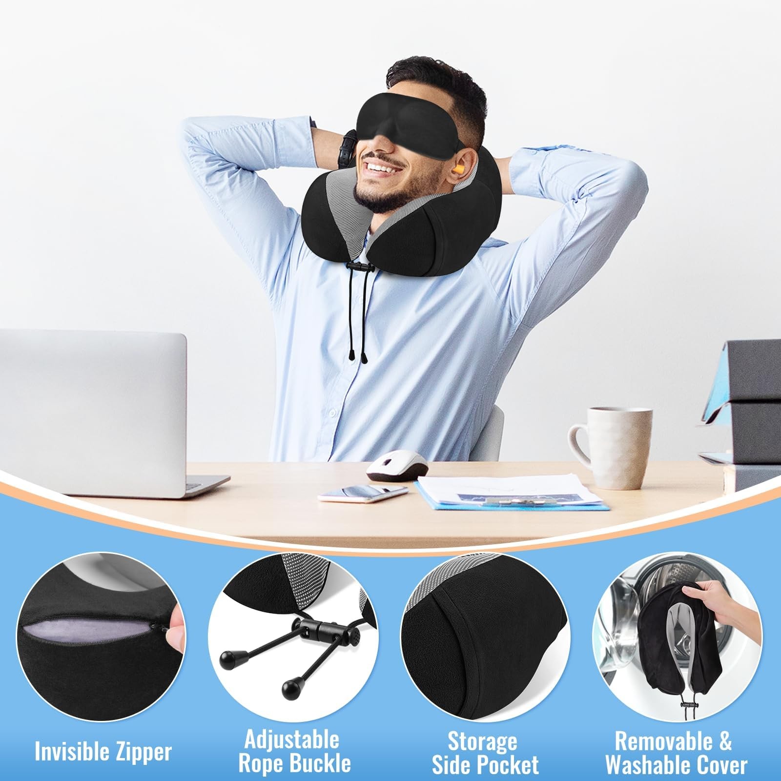 CloudBliss Travel Pillow Premium Memory Foam, Comfortable & 1-pack, Black