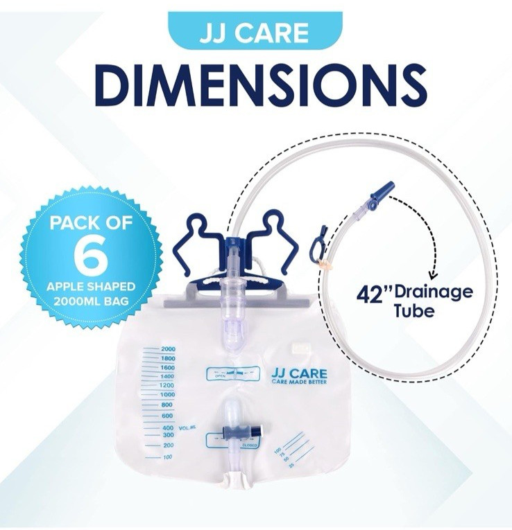 JJ Care Urinary Drainage Bag – 2000 mL Capacity for Caregivers (6 Pack), NEW