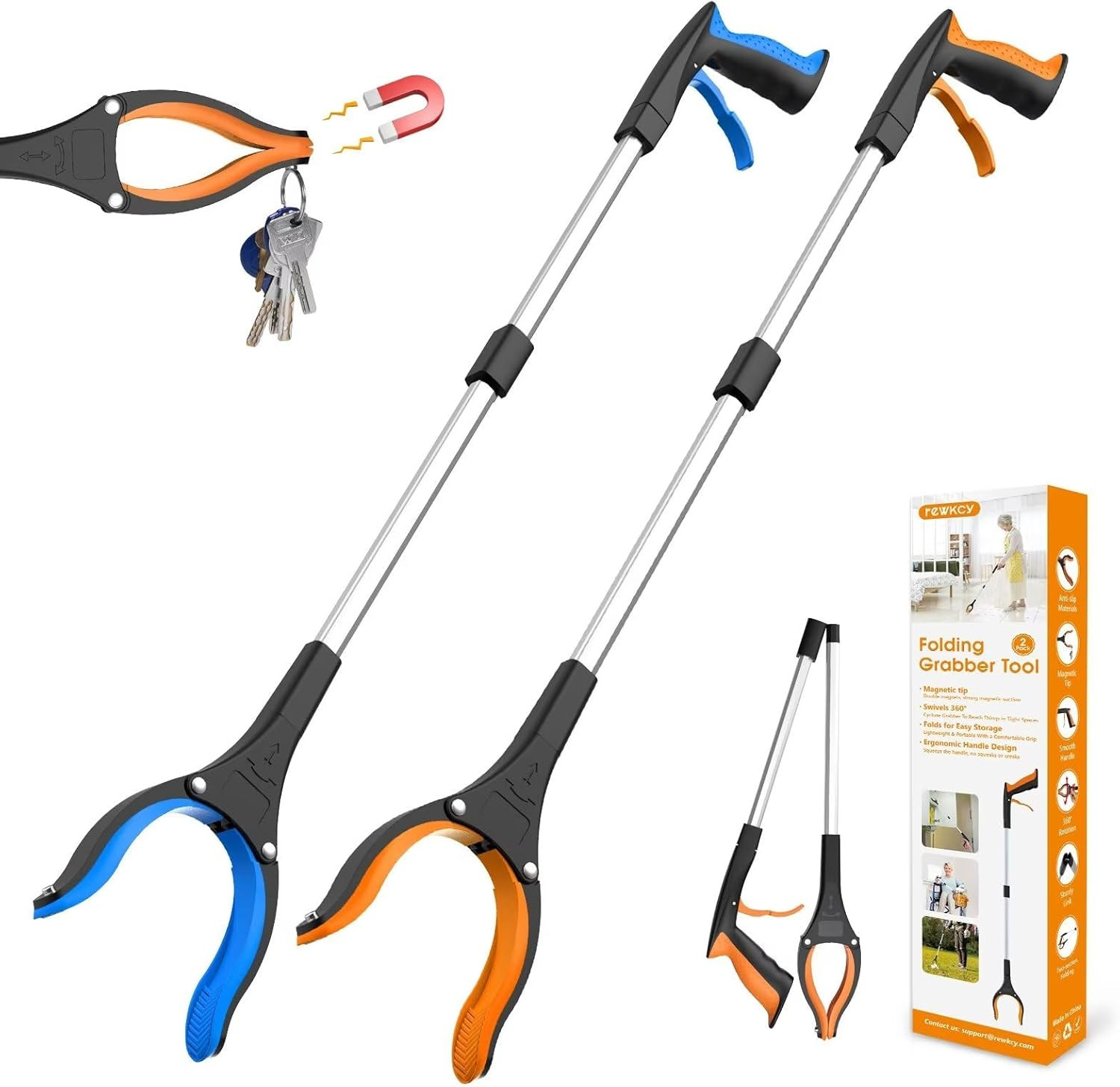 32″ Grabber Reacher Tool, 2-Pack Foldable Reacher Grabber Pickup Tool with 360°