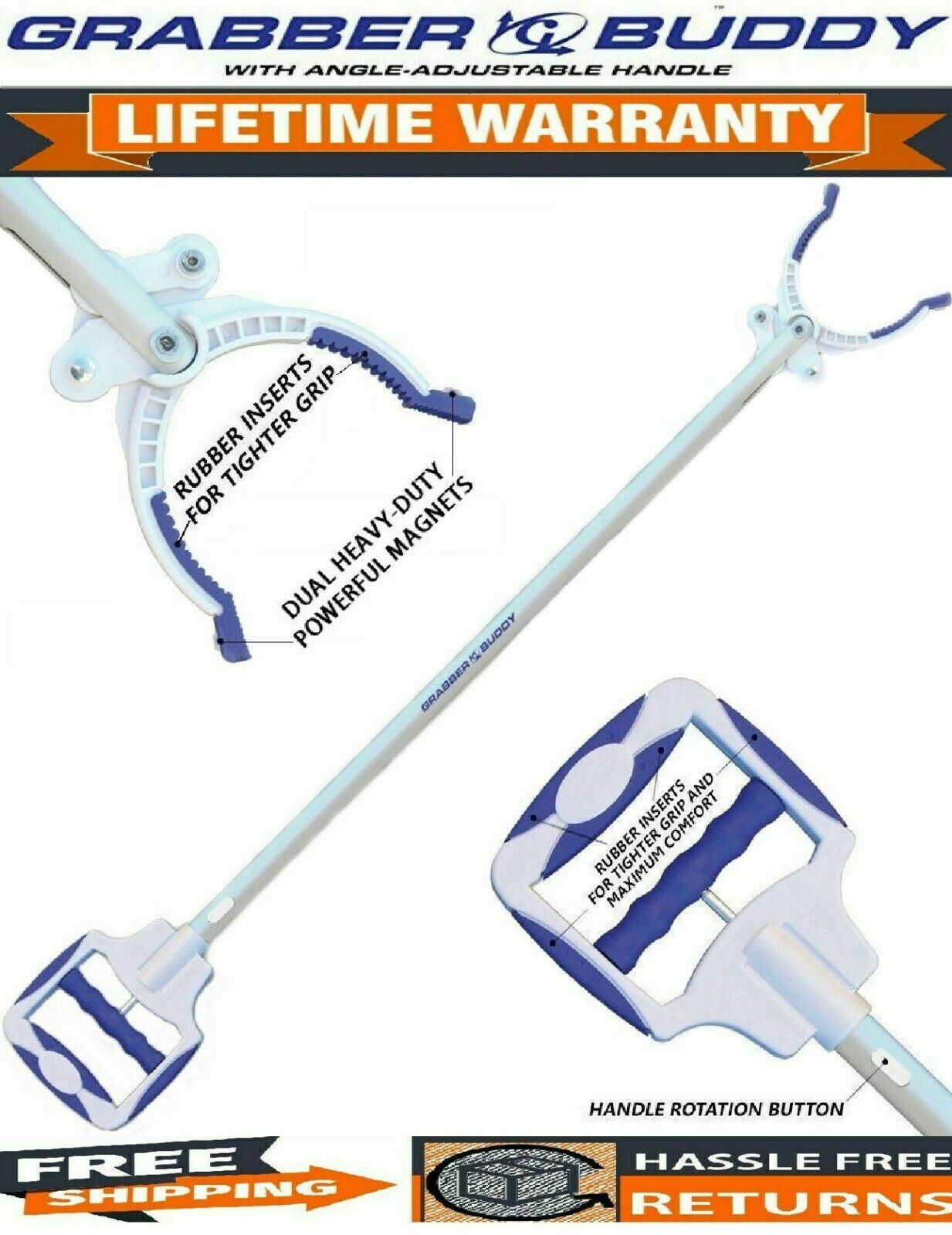 48″ Pick Up Tool with 2 Heavy-Duty Magnets Grabber Buddy Reacher Rubber Tips