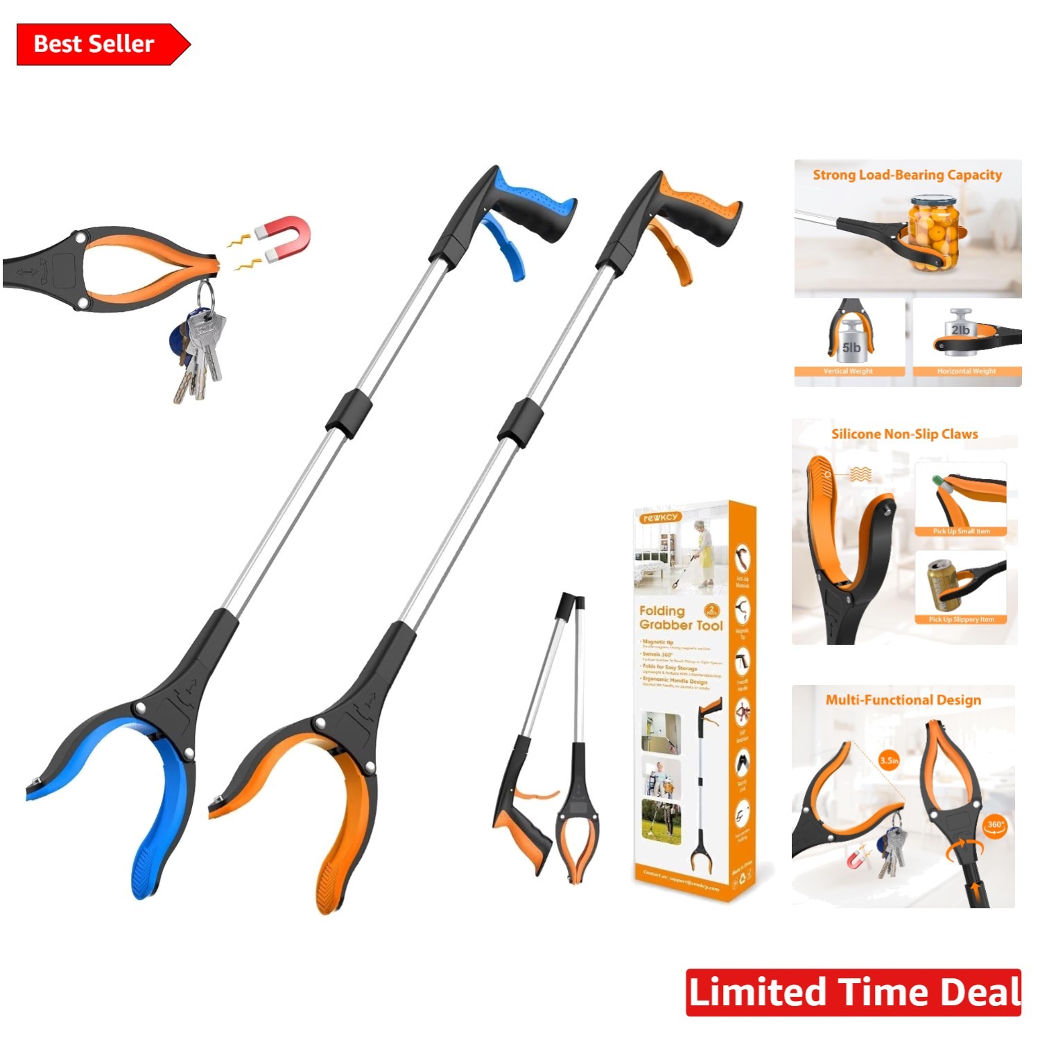 Lightweight 32″ Reacher Grabber Tool 2-Pack: Magnetic & Rotating Jaw for Seniors