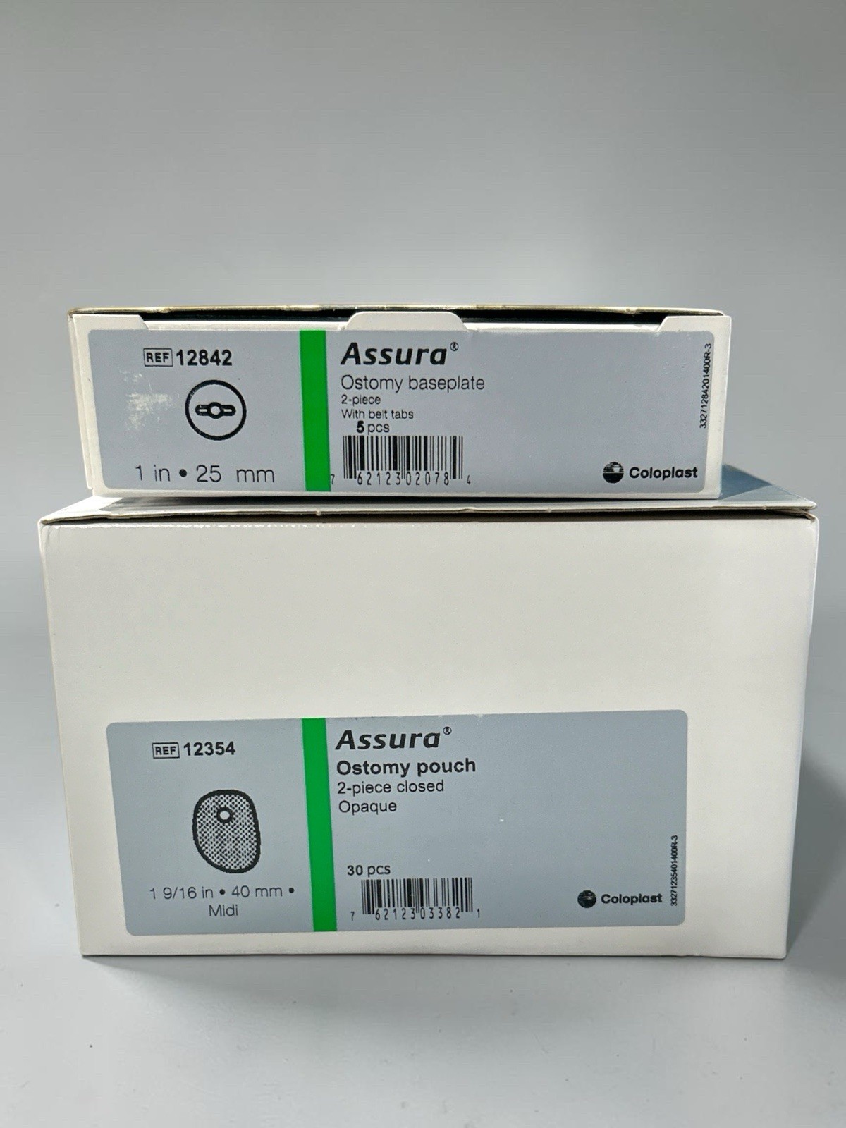 Coloplast Assura 2-Pc Ostomy Set:12354 Pouches +12842 Barriers 1 Pair (Green)