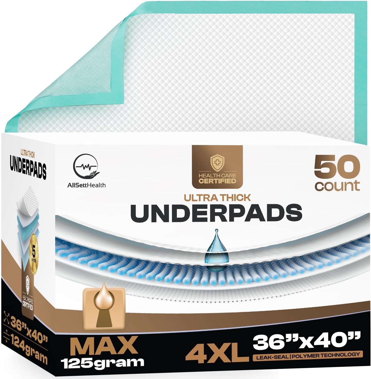 AllSett Health 50-Pack 36″x36″ Adhesive Disposable Bed Pads 125g