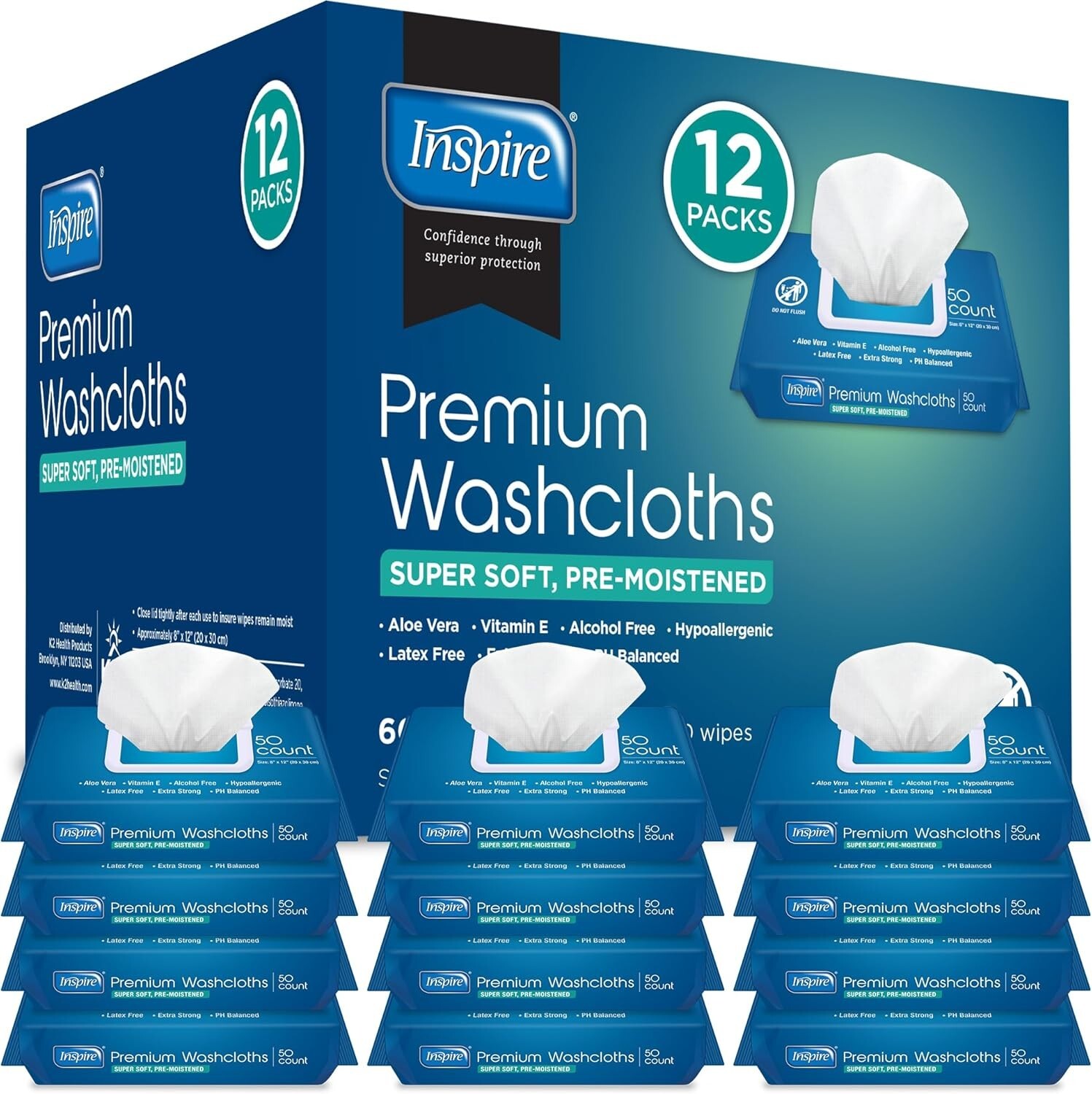 Inspire Adult Wet Wipes Wash Cloths, 50 Count (Pack of 12) Incontinence & Cleans