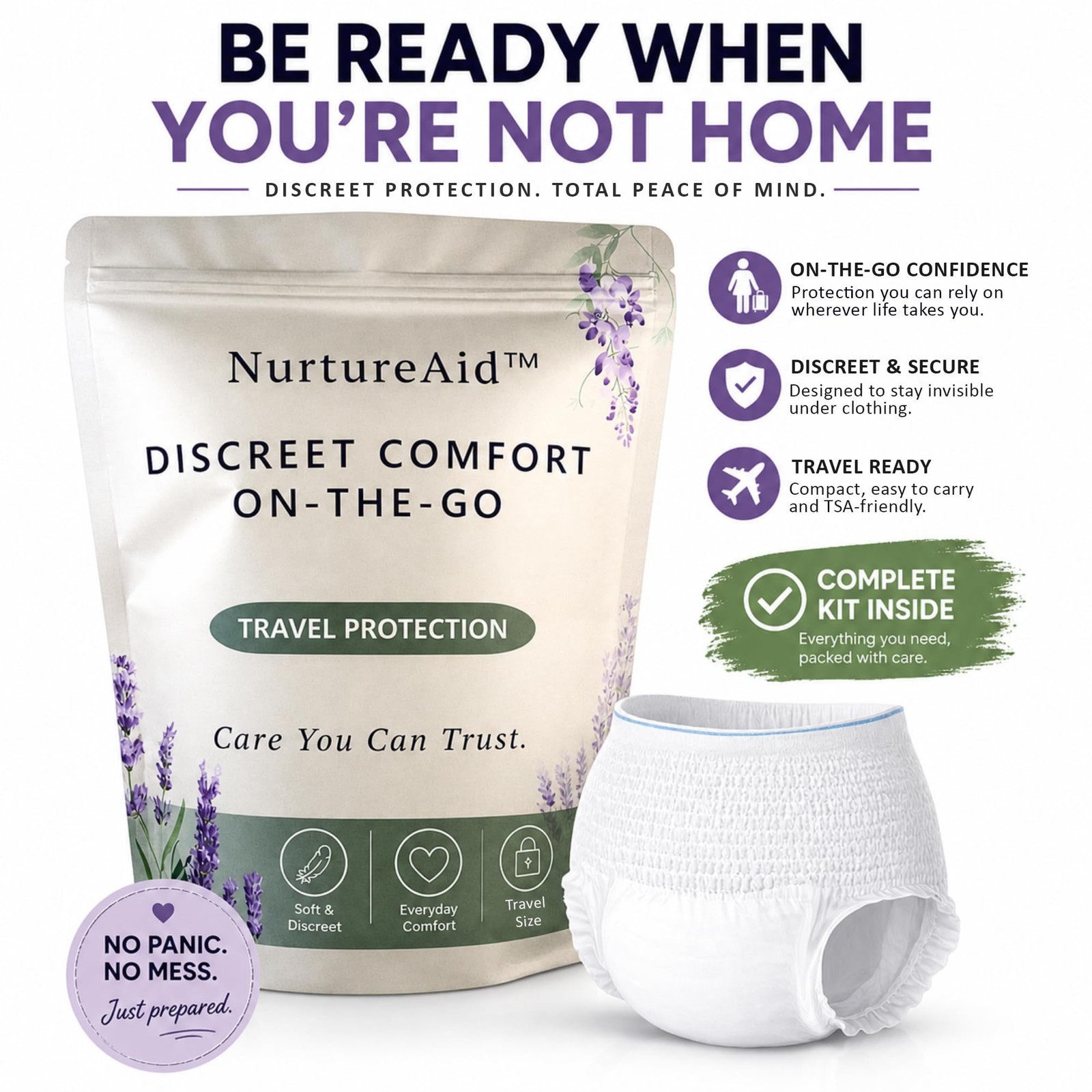 NurtureAid Incontinence Travel Kit Women Large 31-45in Underwear Wipes Cream Bag