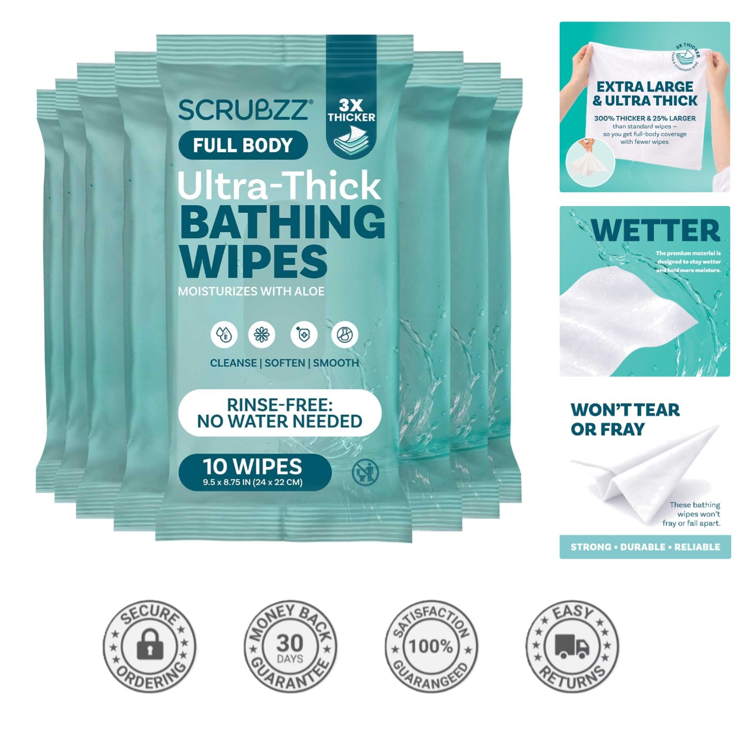 Luxury Extra Large Bath Wipes – 80 Hypoallergenic Rinse-Free Wipes for Seniors
