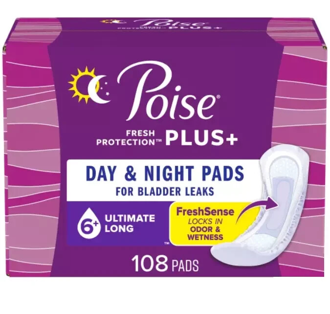 Poise Plus Incontinence Pads, Ultimate Absorbency Long, 108-count