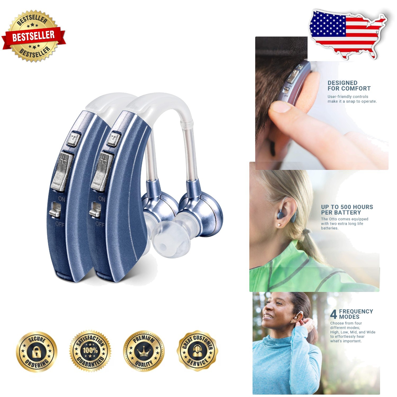 Modern Blue Hearing Aids 2-Pack 500hr Battery Lightweight Noise Cancellation