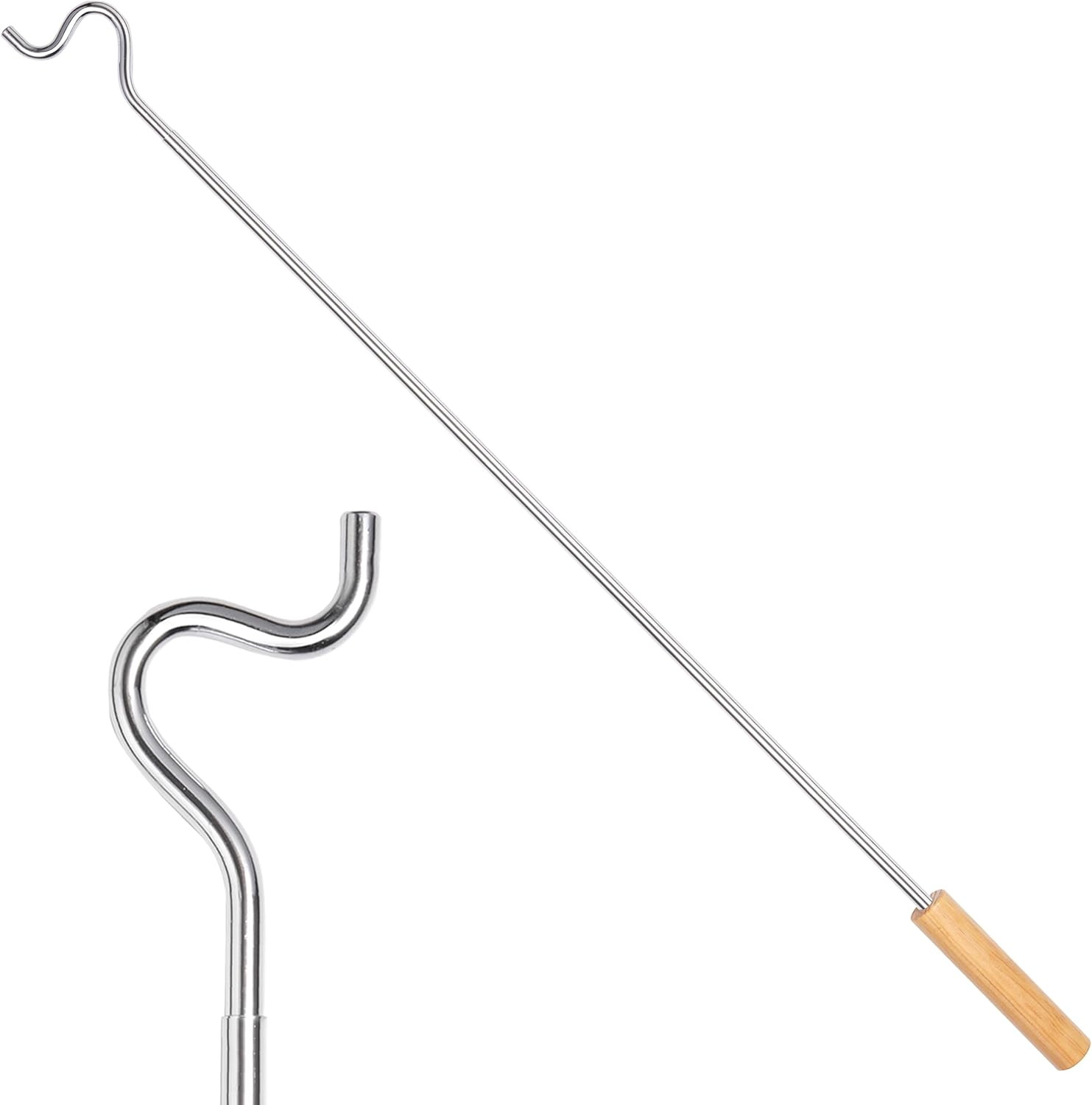 Closet Reacher Pole with Hook and Wooden Handle Adjustable 2.75-5 Feet