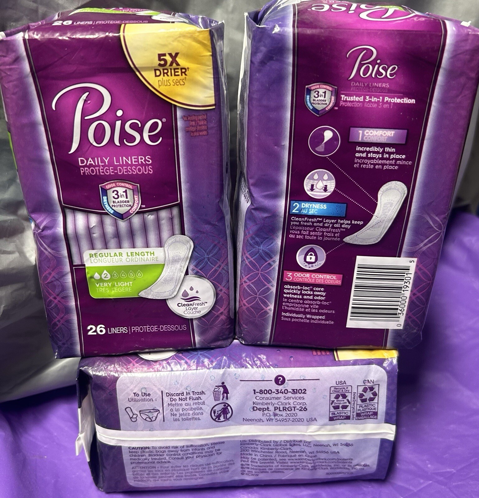 Poise Pads Daily Liners Regular Length – Very Light 26-Count Pack – Lot of 3