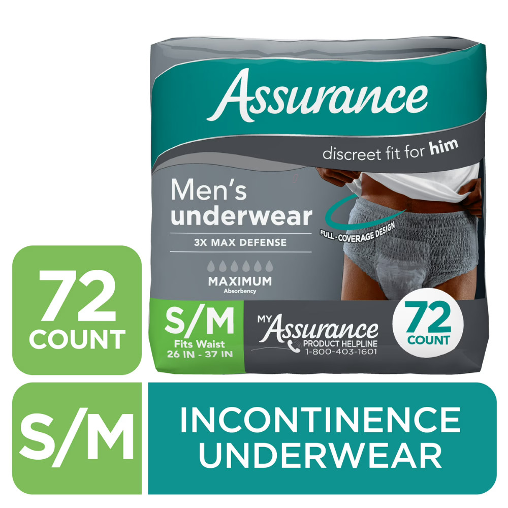Assurance Men’s Incontinence Underwear, S/M, Maximum Absorbency, 72 Ct (2 Pack)