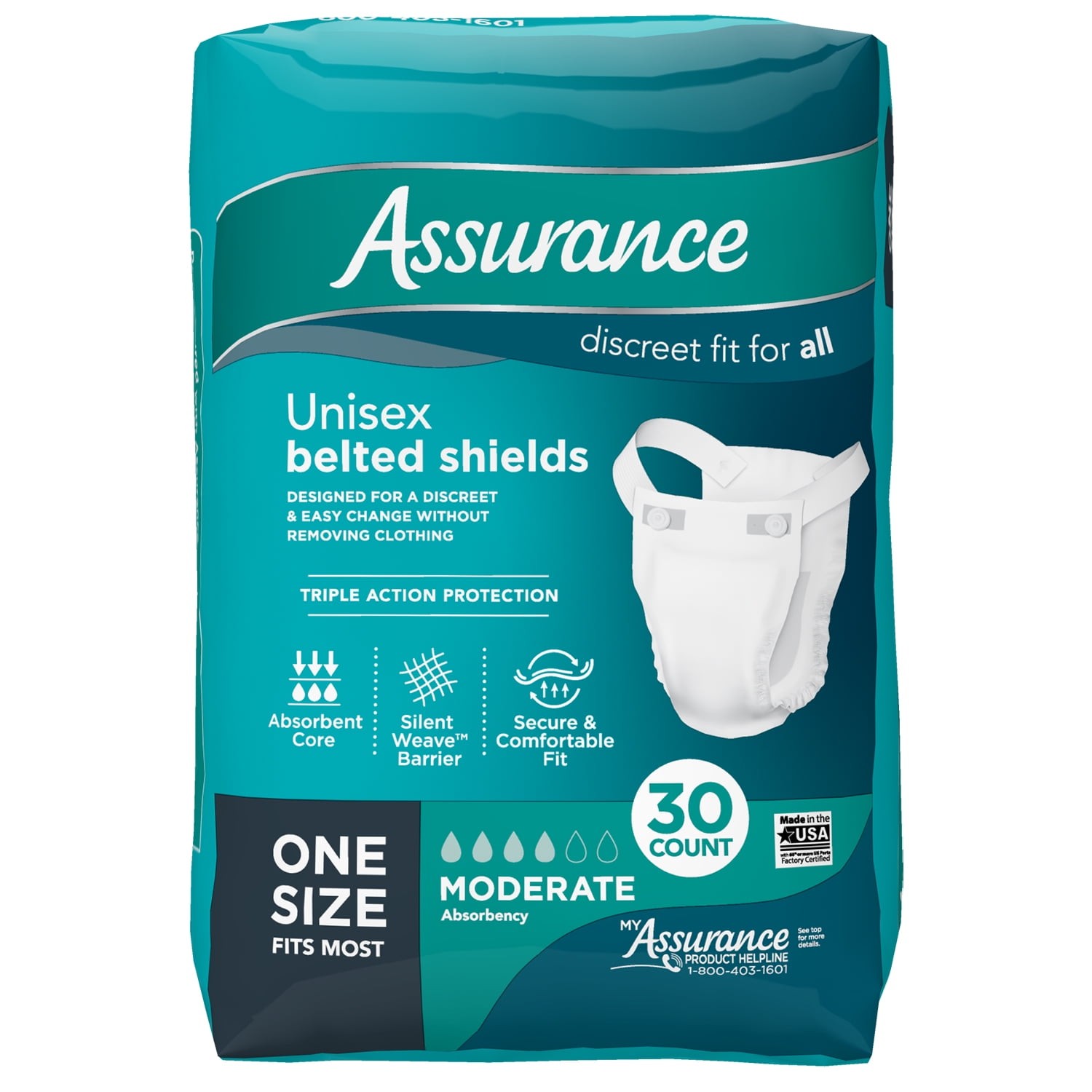 Assurance Unisex Incontinence Belted Shields, One Size Fits Most (30 Count)