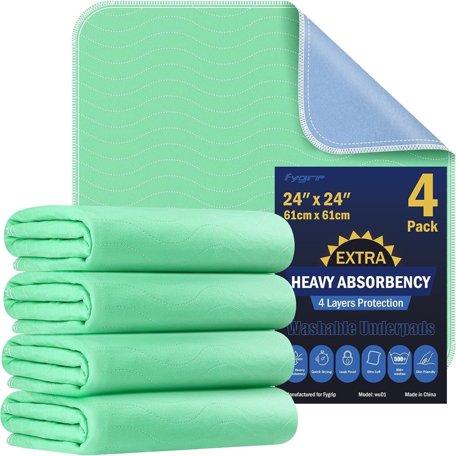 4 Pack 24” x 24” Extra Heavy Absorbency Washable Underpads, Waterproof Nursin…