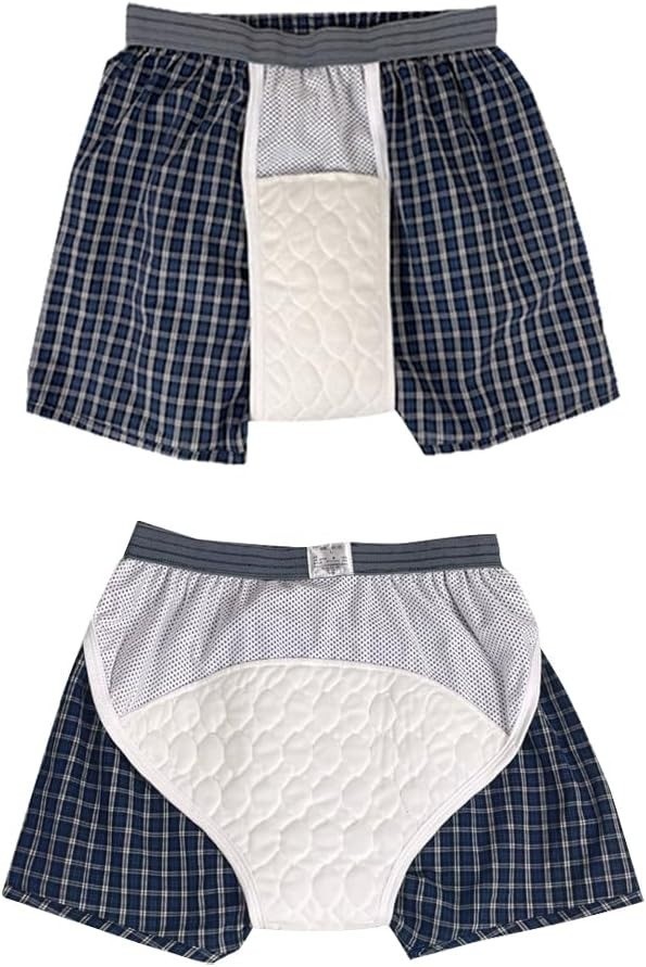 Men’s Washable Incontinence Boxer Briefs 2-Pack Leakproof w/ Fly Large Plaid 2XL