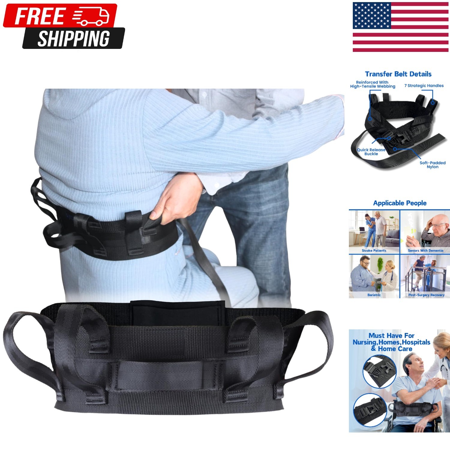 Gait Belts Transfer Belt for Seniors with 7 Handles, Gate Belt for Elderly Lift