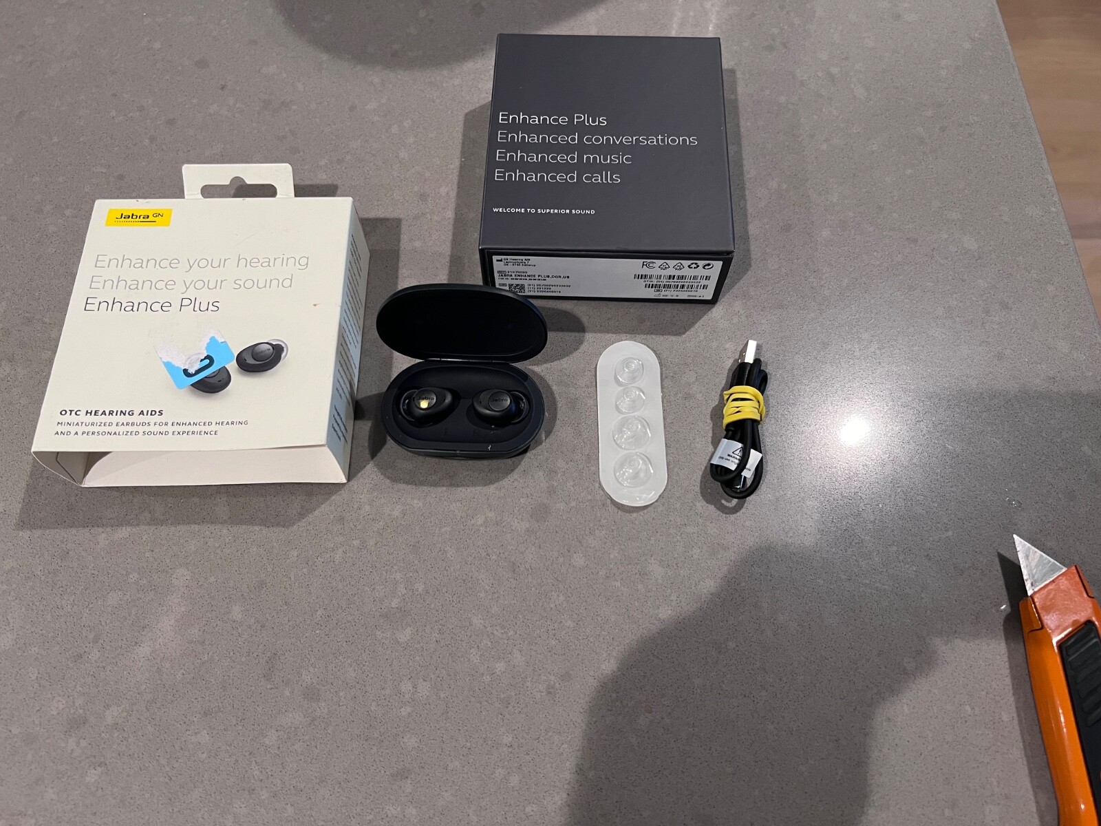 Defective Jabra Enhance Plus Self-Fitting OTC Rechargeable Hearing Aids Gray