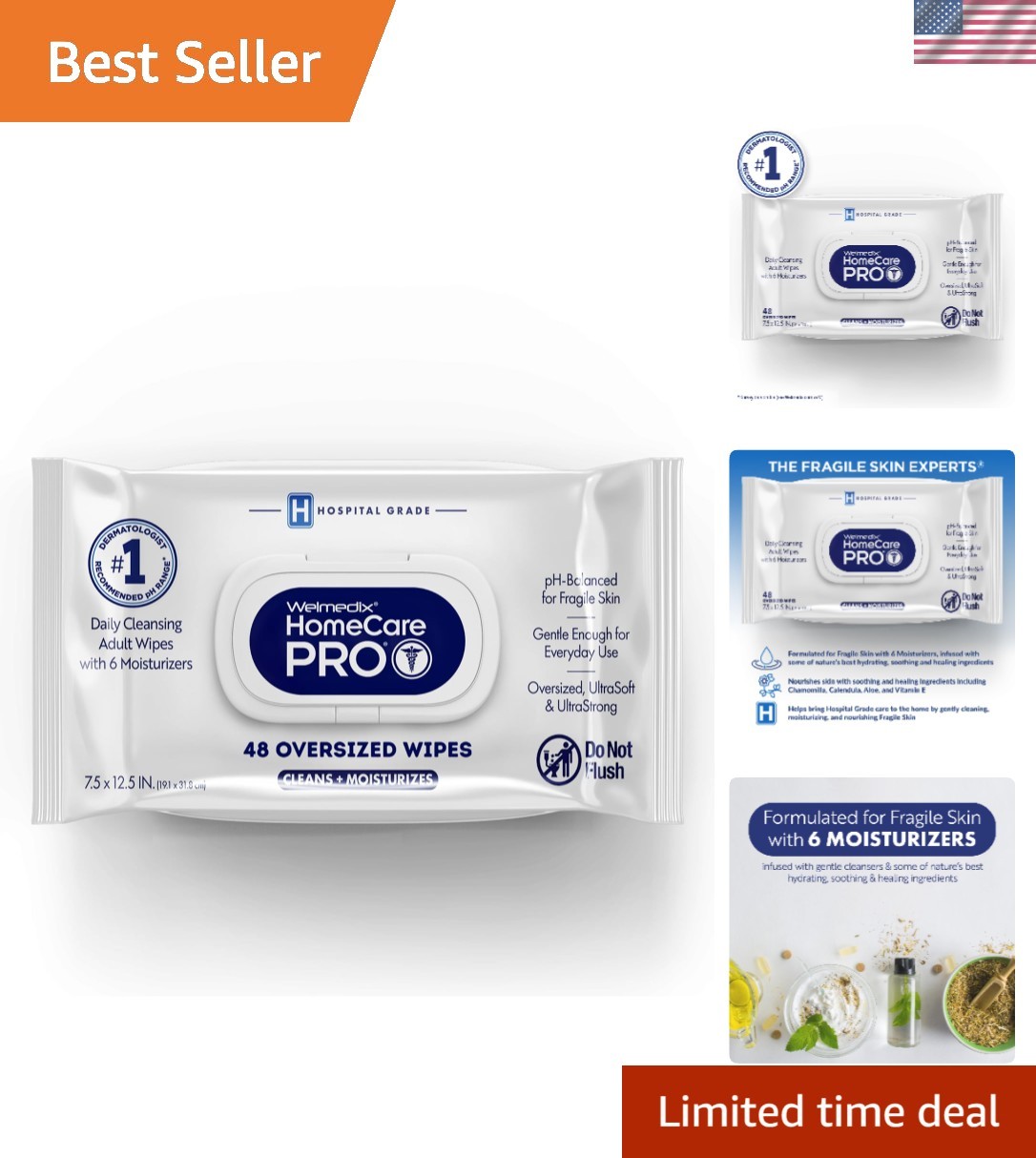 Extra Soft Rinse-Free Bath Wipes for Sensitive Skin – Hospital Grade, 48 Count