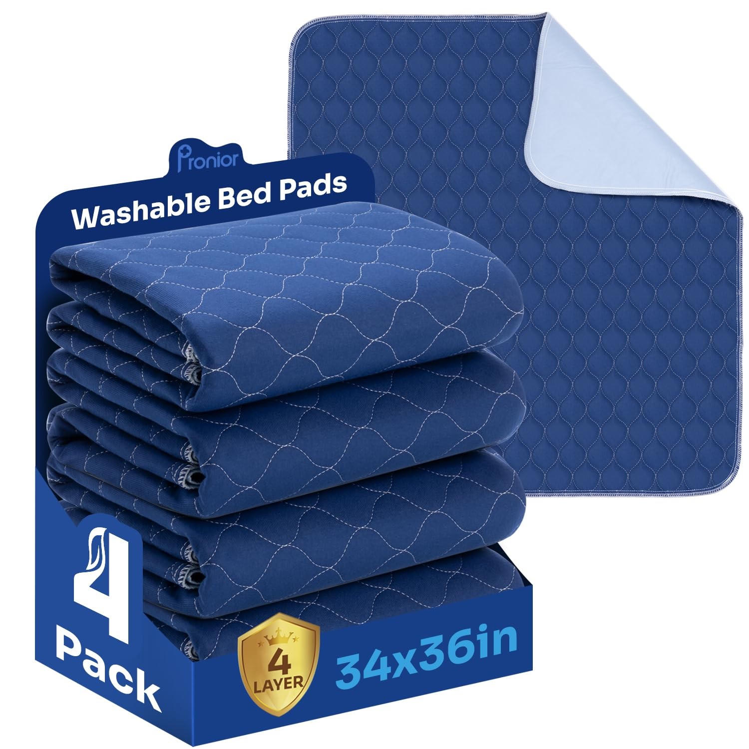 4 PCS 34×36 Inch Navy Blue Hide Stains Bed Pads Washable Waterproof 4Layer