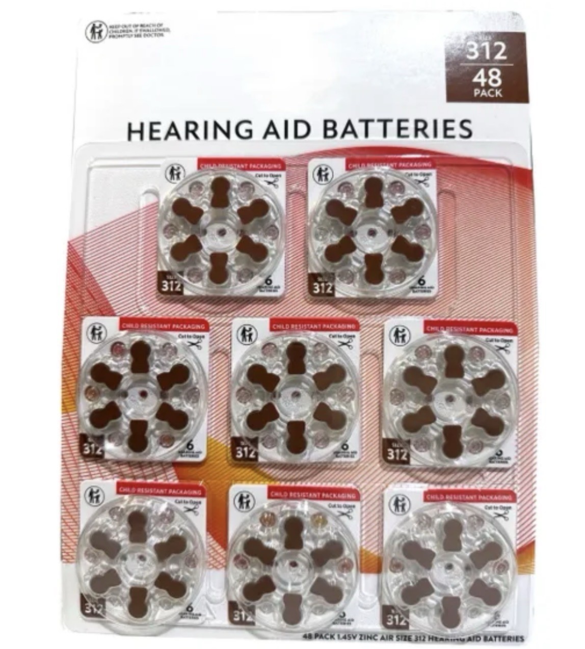 Size 312 (Brown) Zinc-Air Disposable Hearing Aid Batteries 1.45V 48 Pack