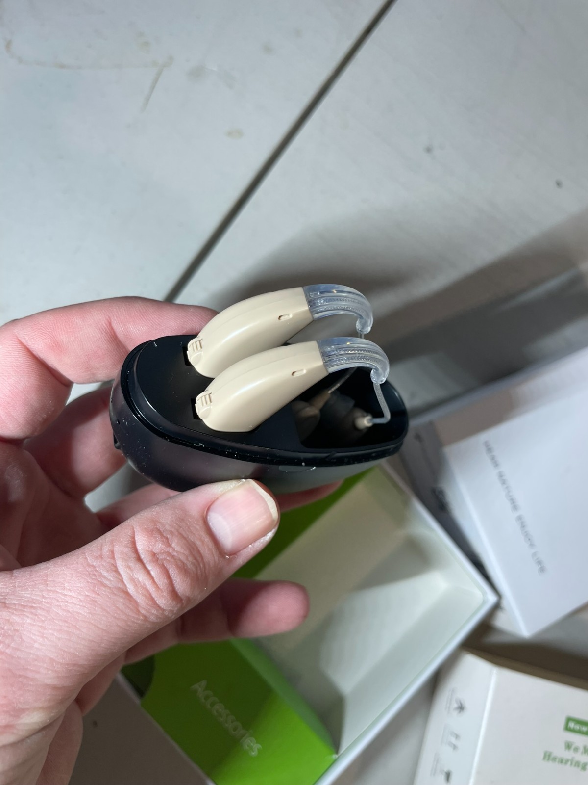 Pair BTE Hearing Aids w/ Charging Case & Box – Right/Left (Unbranded)