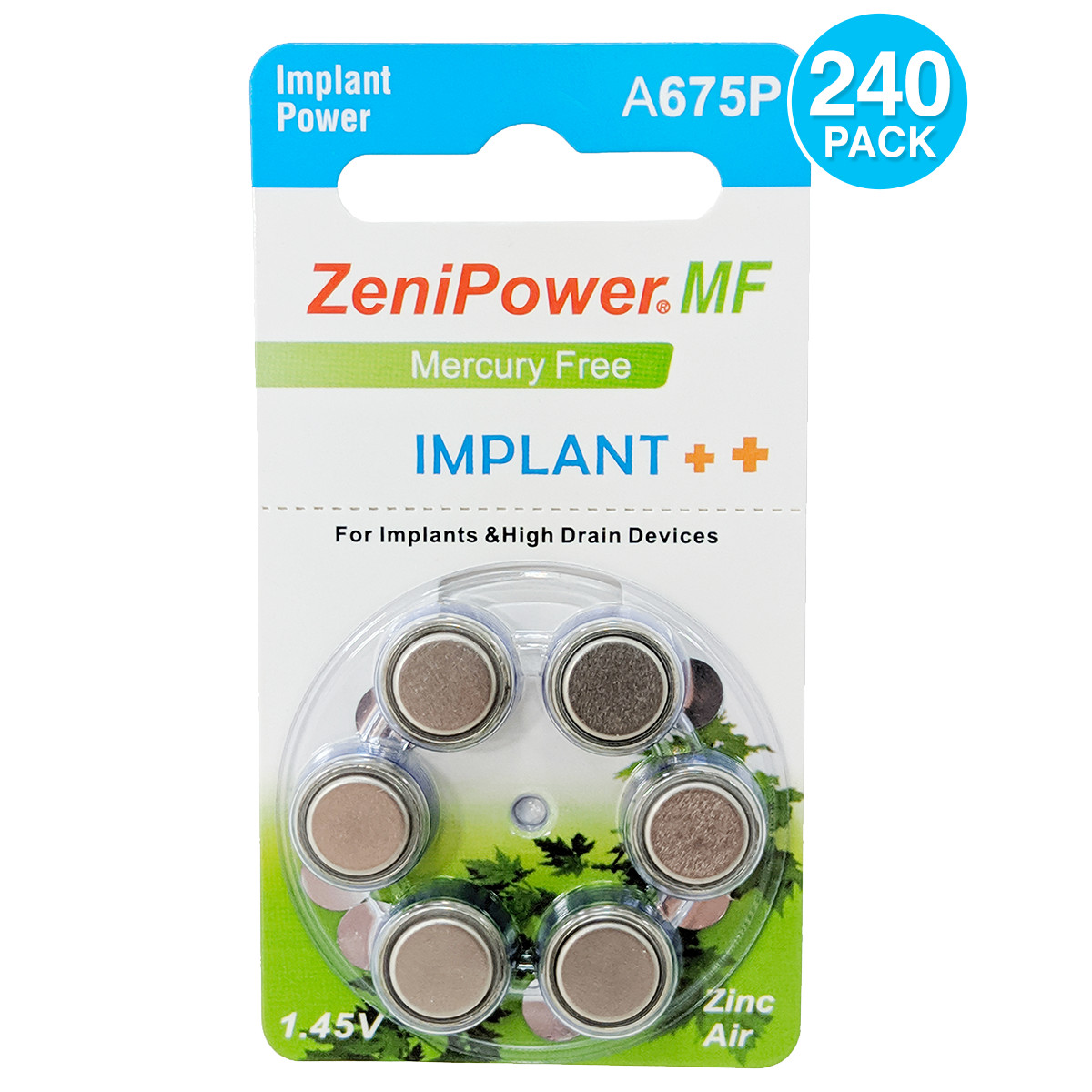 ZeniPower Size 675P MF Cochlear Batteries Zinc Air 1.4V Implant Plus (240 Pack)