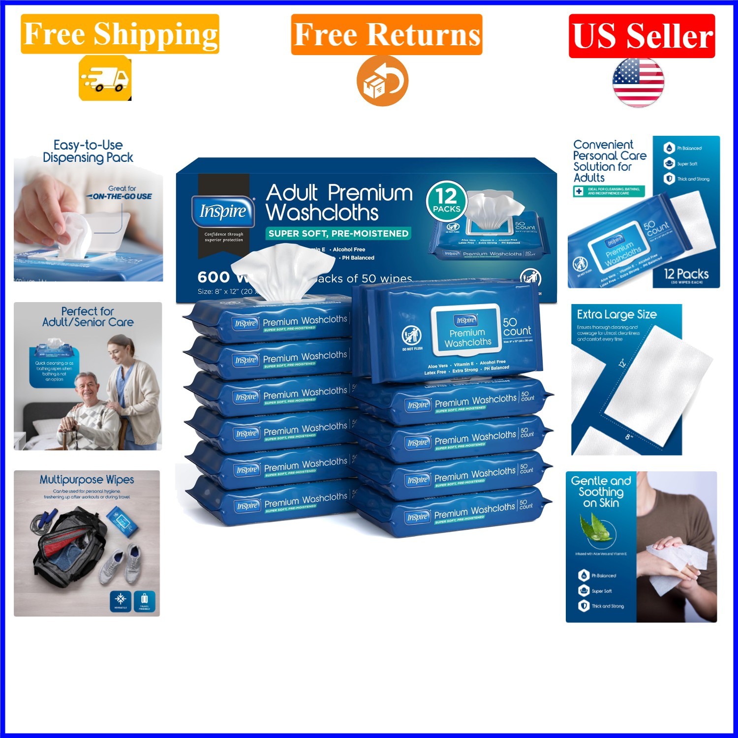 Adult Wet Wipes with Aloe & Vitamin E, 8x12in, 600 Count, 12 Packs of 50