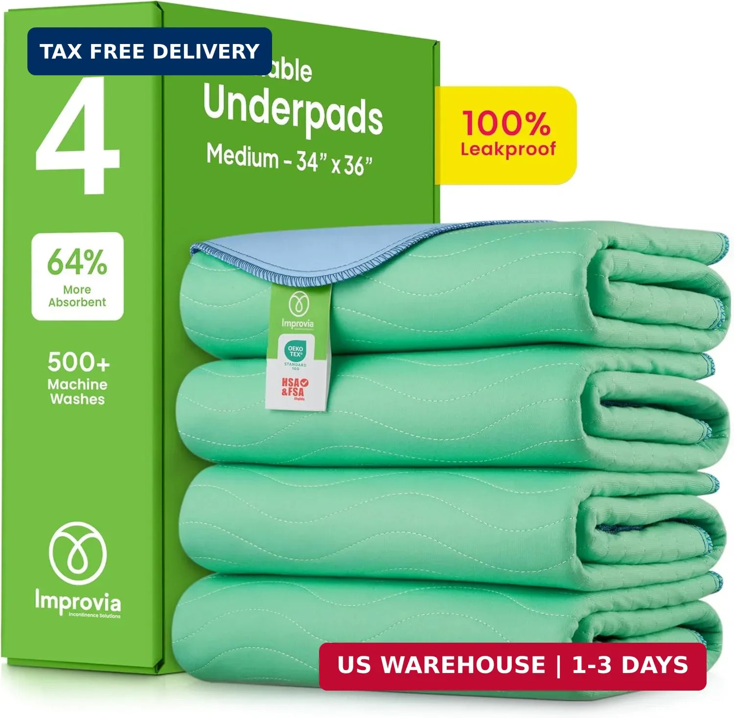 IMPROVIA® Washable Underpads, 34″ x 36″ (Pack of 4) – Heavy Absorbency Reusable