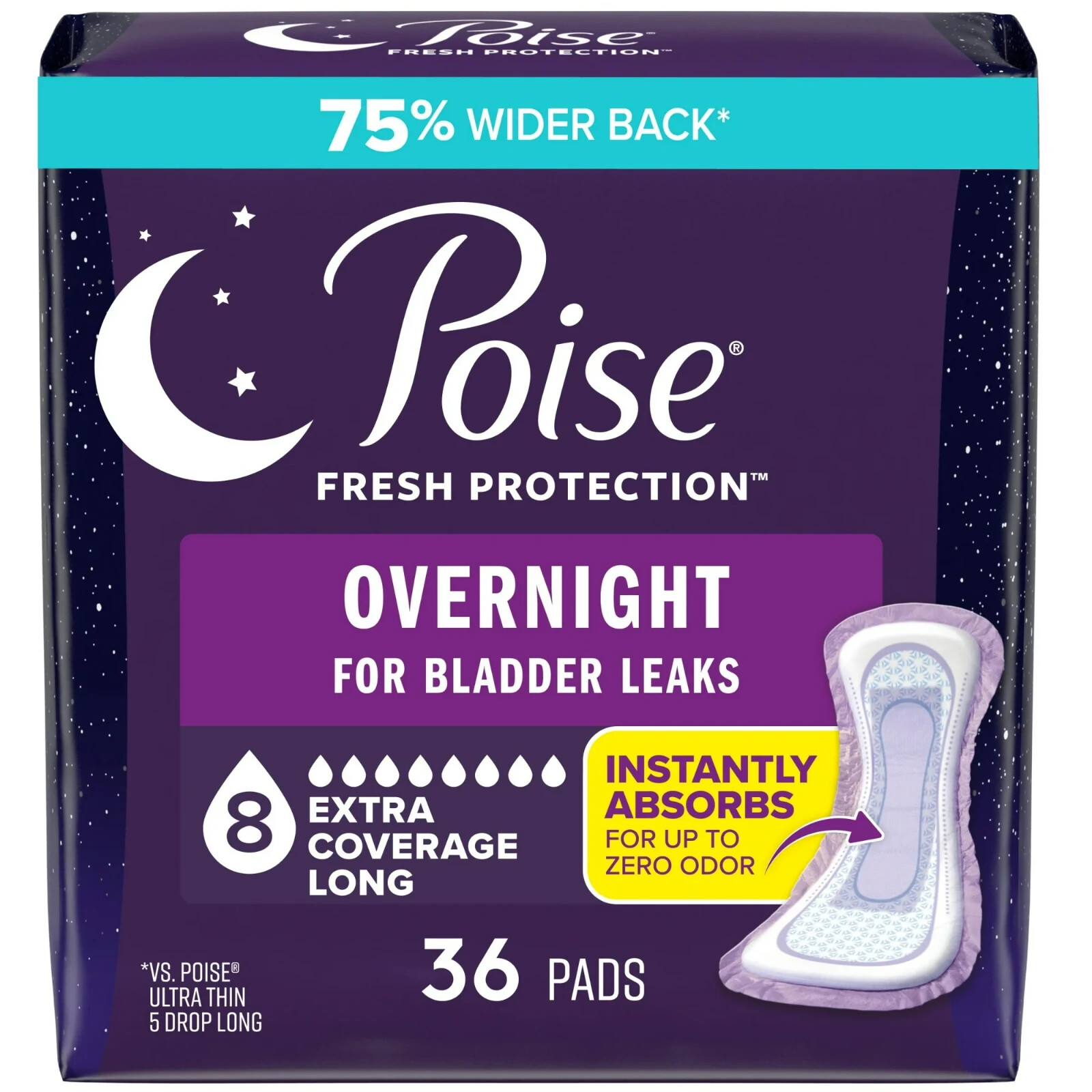 Poise Overnight Incontinence Pads for Bladder Leaks, 8 Drop Extra Coverage 36 CT