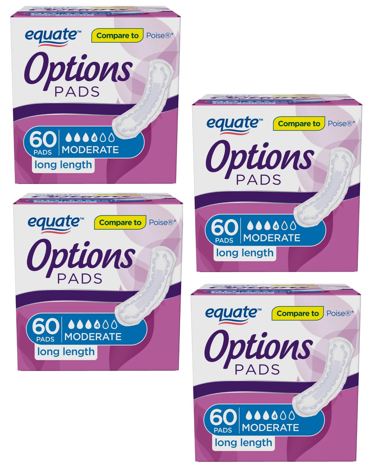 Equate Women’s Incontinence Pads, Moderate Long Length 240 Count (4 Packs of 60)