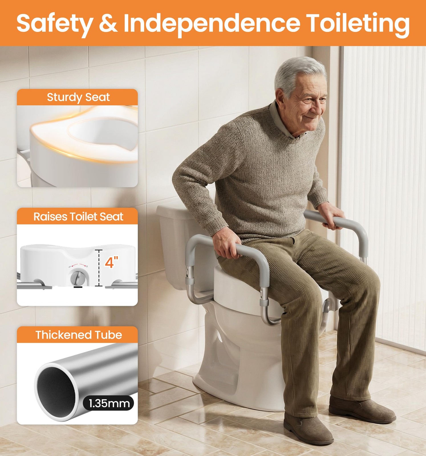 HOMLAND Raised Toilet Seat Handles Handicap Toilet Seat Risers Seniors Elevated