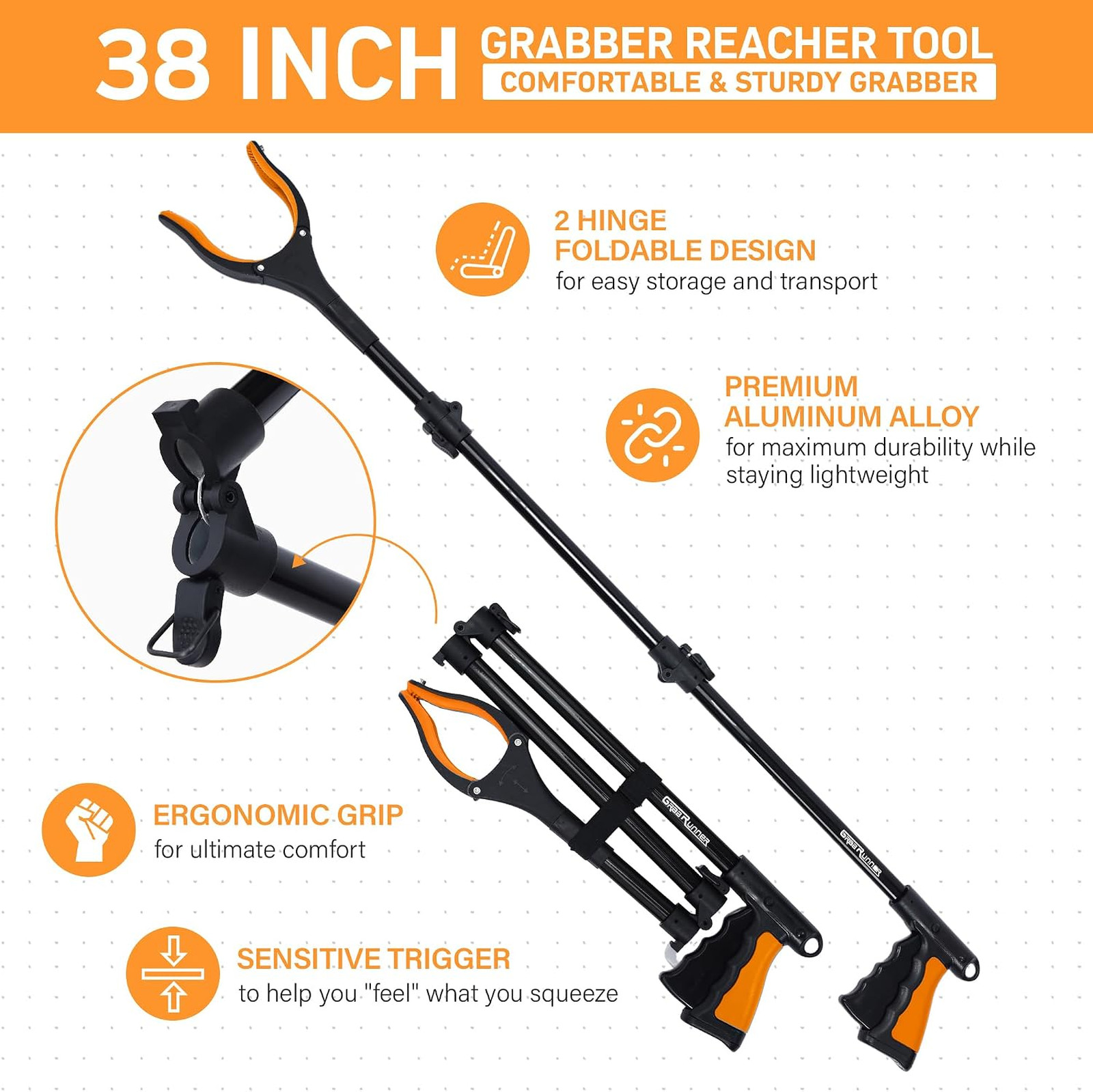 38 Inch Heavy Duty Reacher Tool with 360 Degree Rotating Head Foldable Pickup