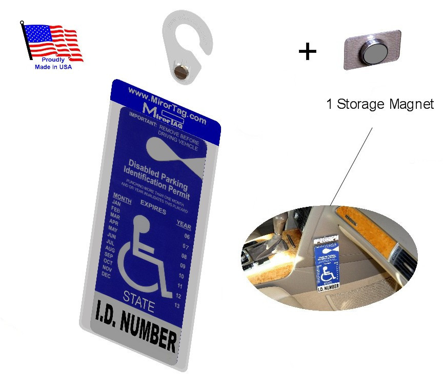 Handicap Tag Holder & Protector+Storage Magnet. Sturdy Hook – ON & OFF in a Snap