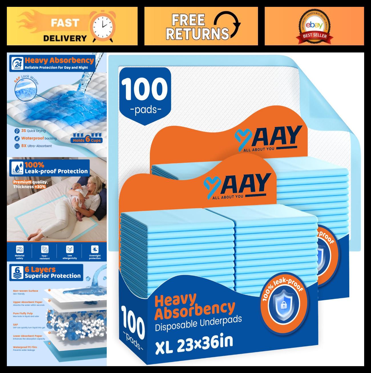 100 Count Disposable Bed Pads 23″x36″ – Super Absorbent Waterproof Underpads for