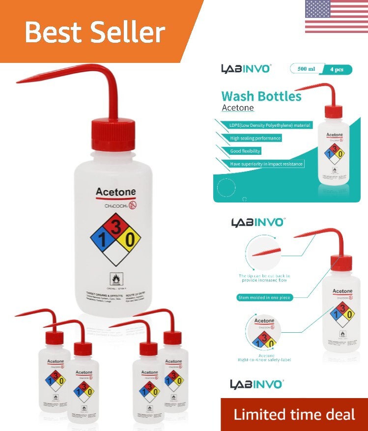 4pcs of Acetone Wash Bottles, Vol.500ml 17oz, Narrow Mouth, Self-Venting Safe…