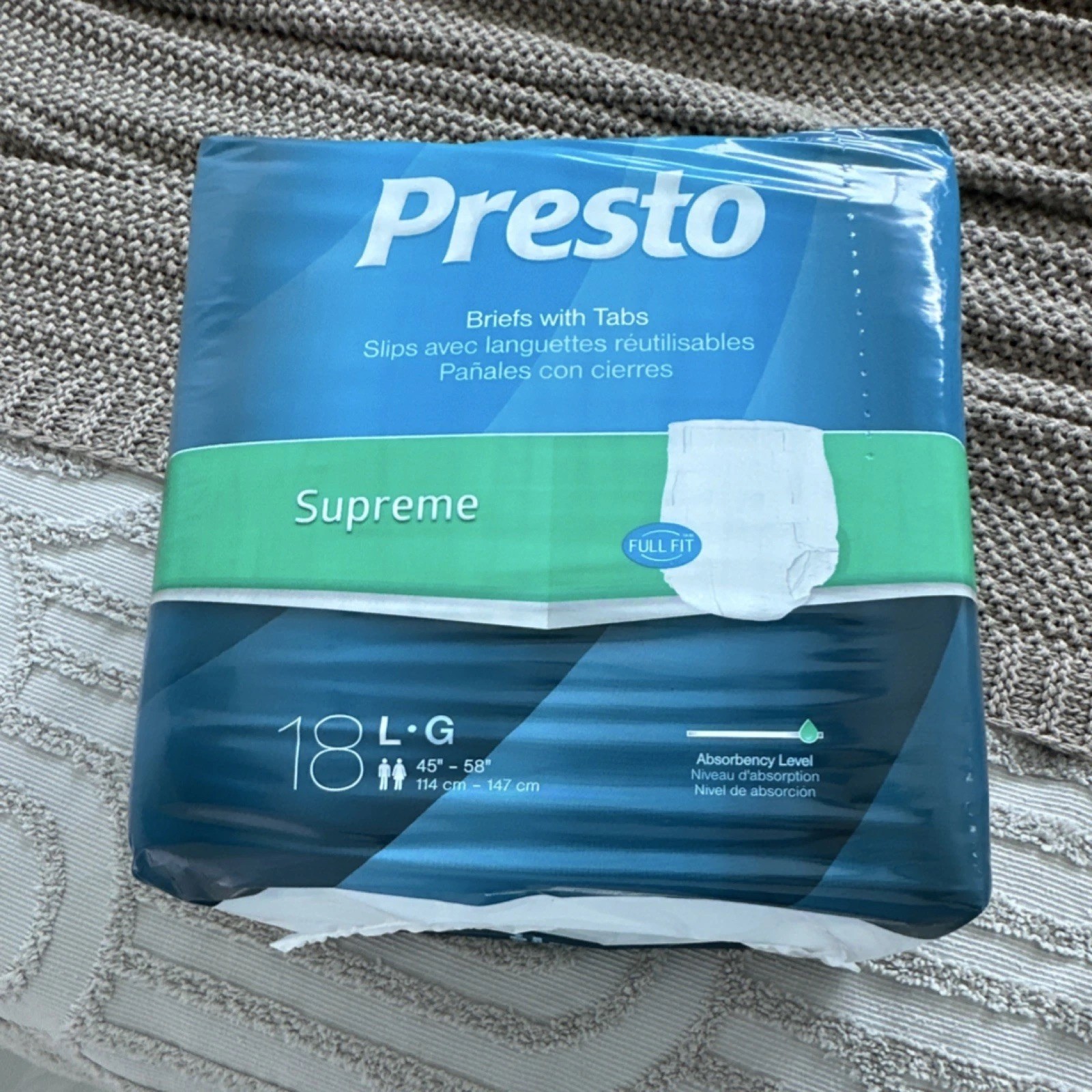 Presto Supreme Disposable Briefs with Tabs L 18 Pack Super Absorbency White