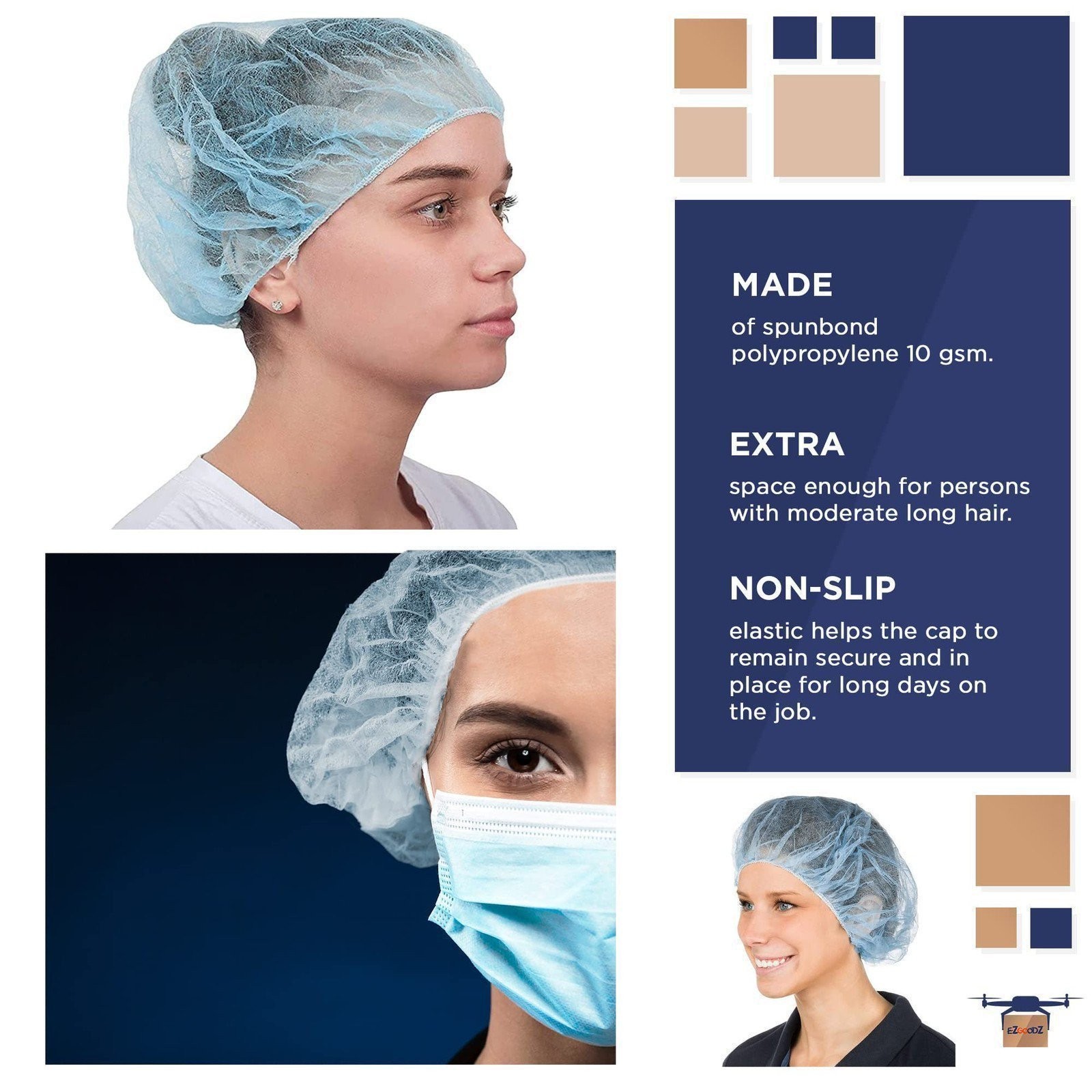 Disposable Hair Caps 100 Pack, Blue Bouffant Caps with Elastic Edge