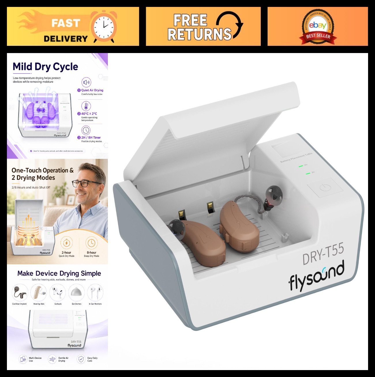 Hearing Aid Dryer Dehumidifier Box with LED Light, USB Powered, 2H/8H Modes, Aut