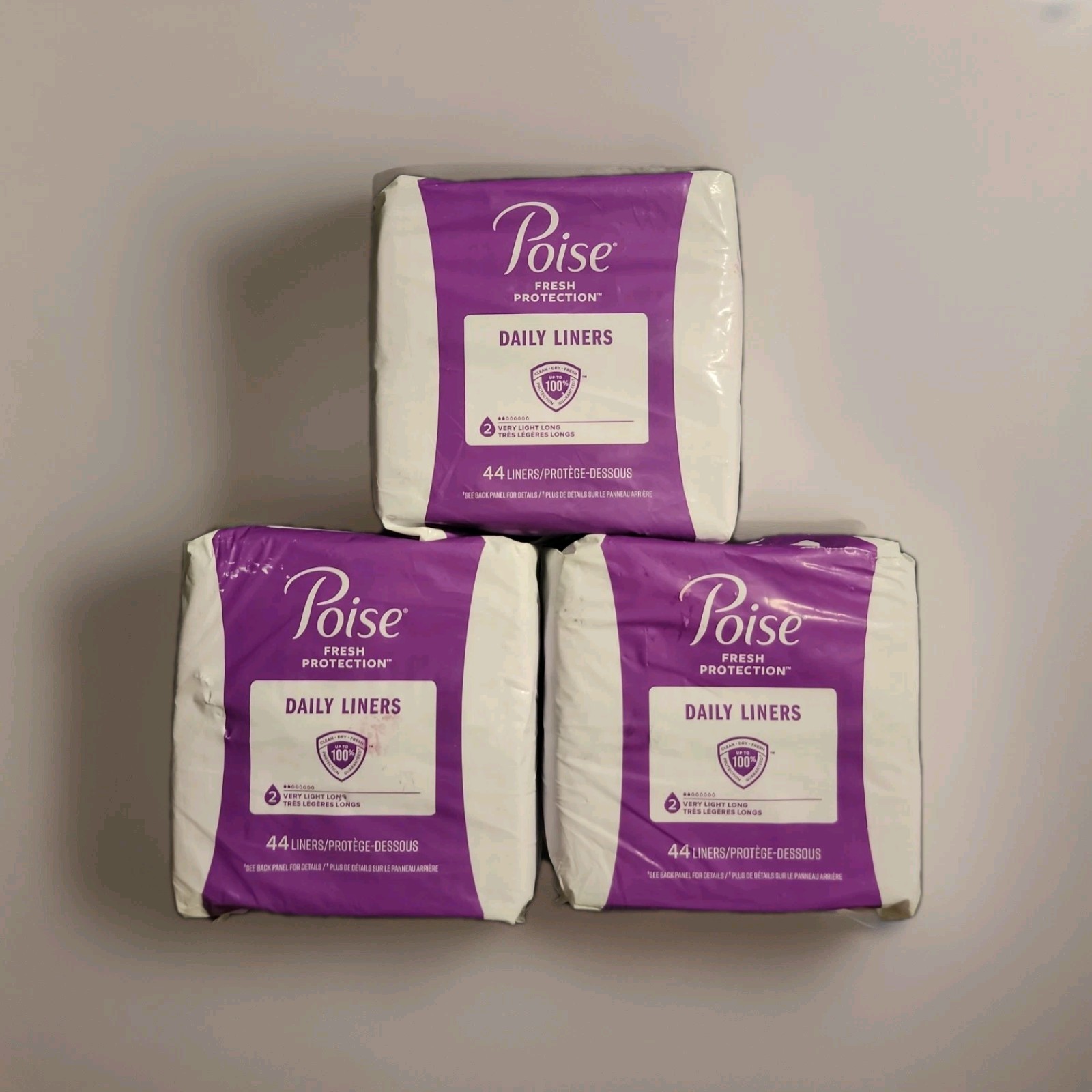 Lot of 3 Poise Daily Liners Long Length #2 Absorbancy Very Light, 132 Ct Total