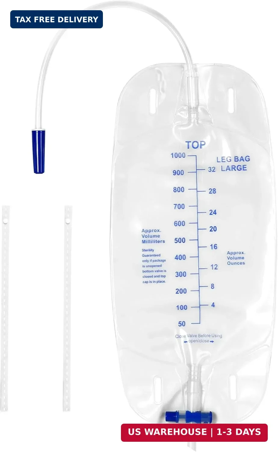 5 Pack Urinary Drainage Bag 1000ml/cc Catheter Leg Bag, Anti-Reflux Valve, Easy
