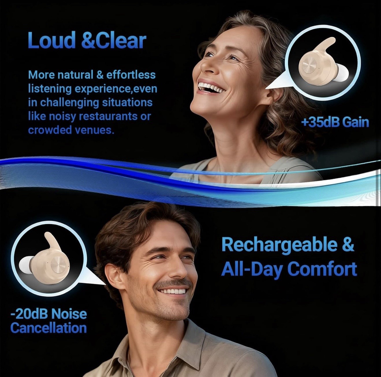 OTC Hearing Aids Seniors Adults Rechargeable 25 Hour Battery Life Clear Sound