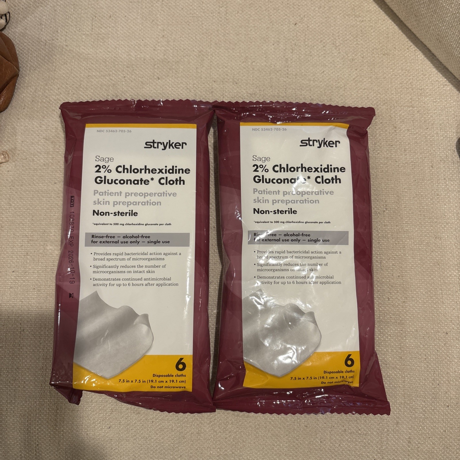 2 Stryker Sage 2% Chlorhexidine Gluconate Cloth 6 Disposable clothes 2 Packs.