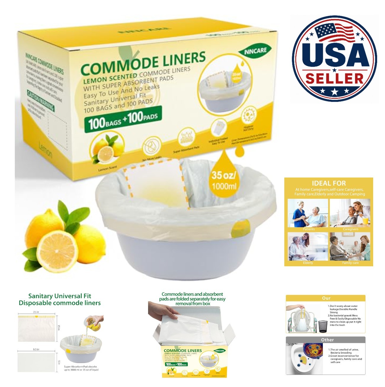 Commode Liners with Absorbent Pads 100 Count Lemon Scented Disposable for