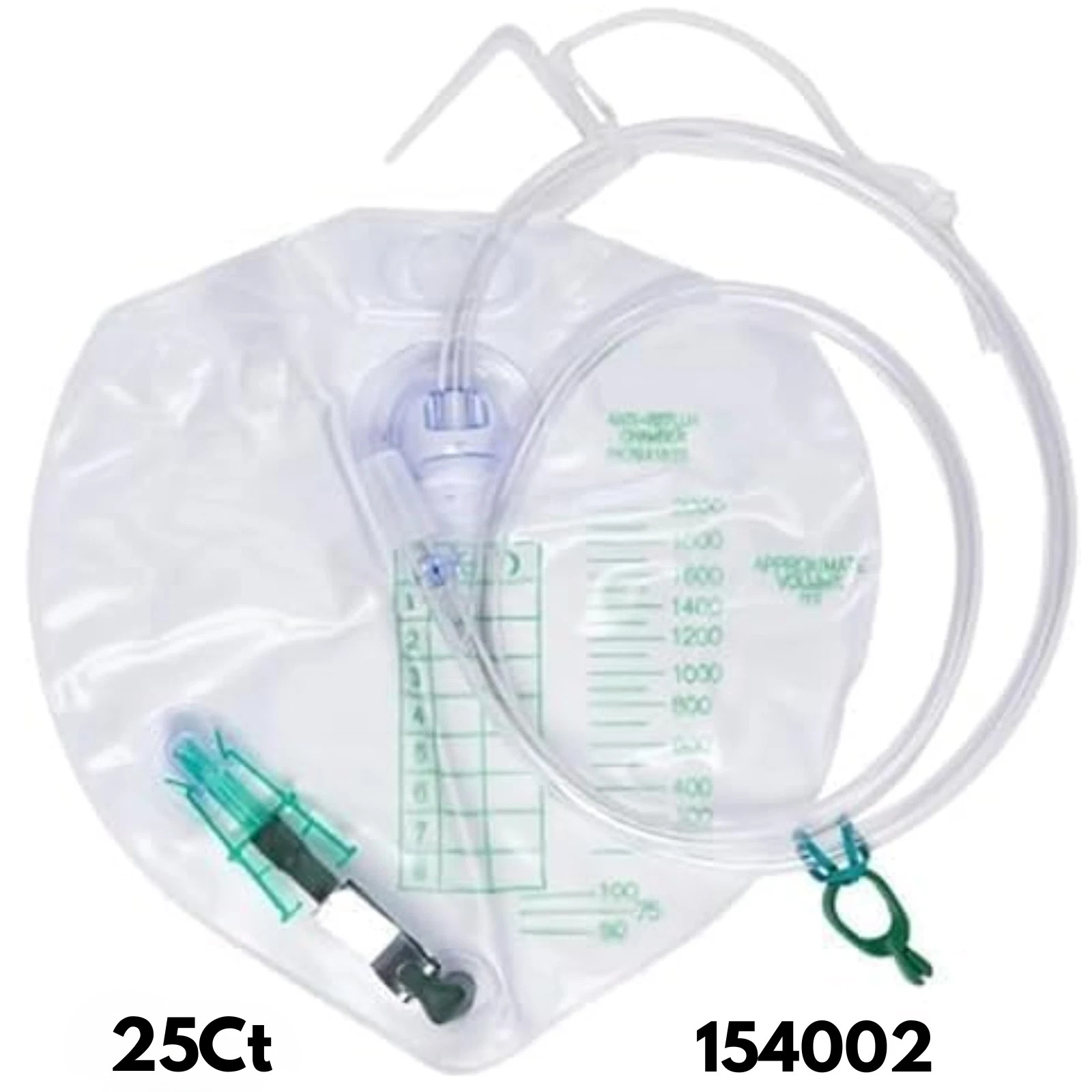 25Ct Urinary Drainage Bags 2000mL w/ Anti-Reflux Chamber 154002