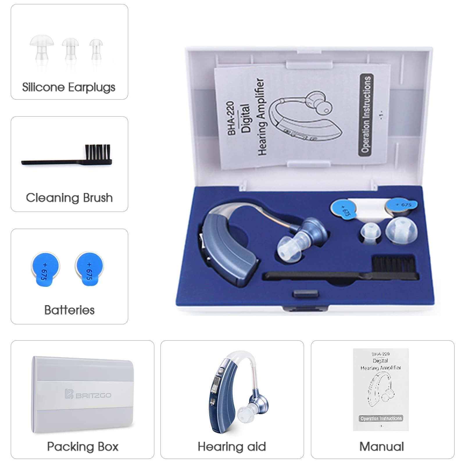 Digital Hearing Amplifier By Britzgo Bha-220. 500Hr Battery Life Modern Blue