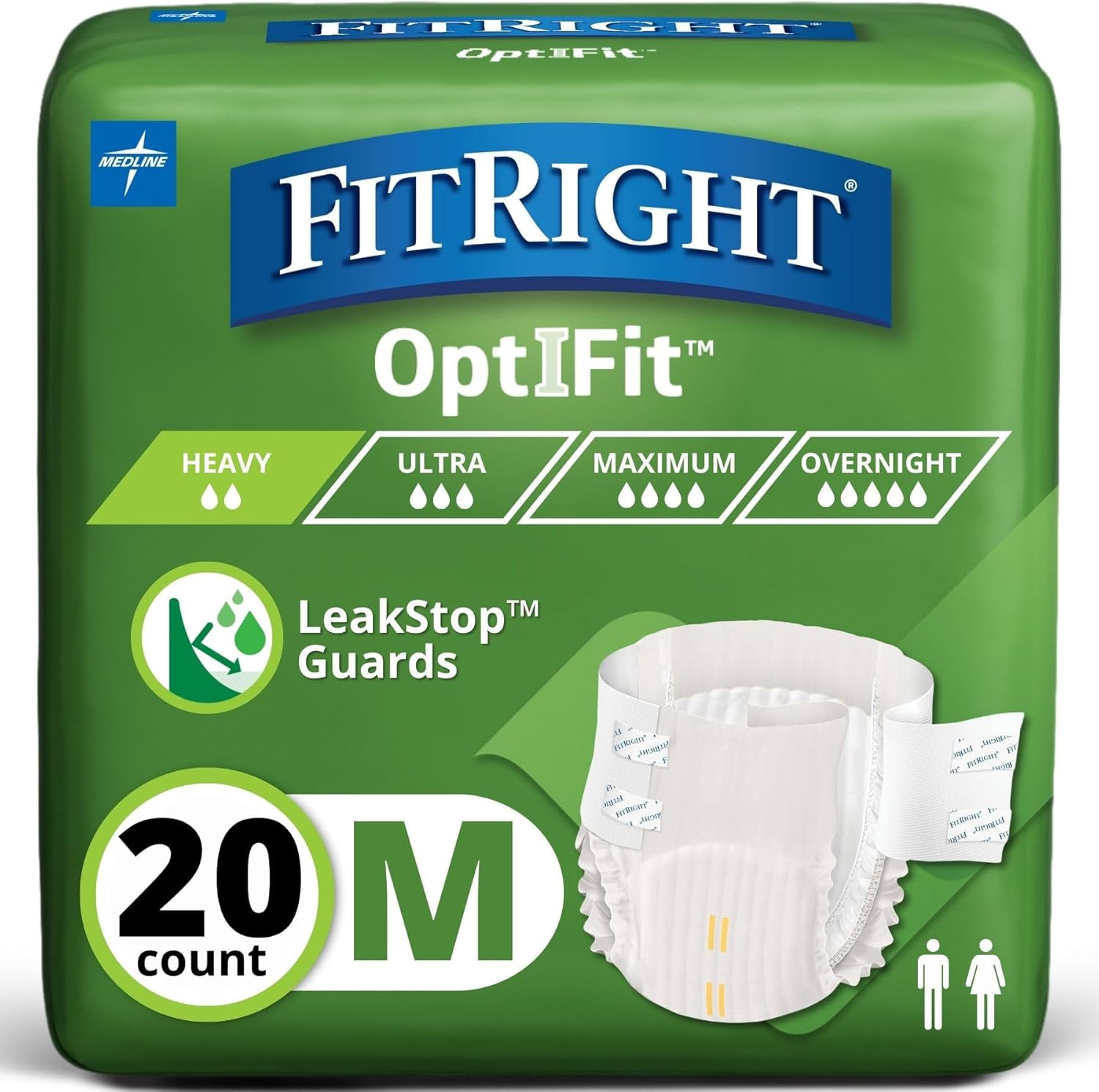 Adult Diapers, Extra+ Heavy Absorbency, M (Waist Size 32In-44In), 20 Count, Opt