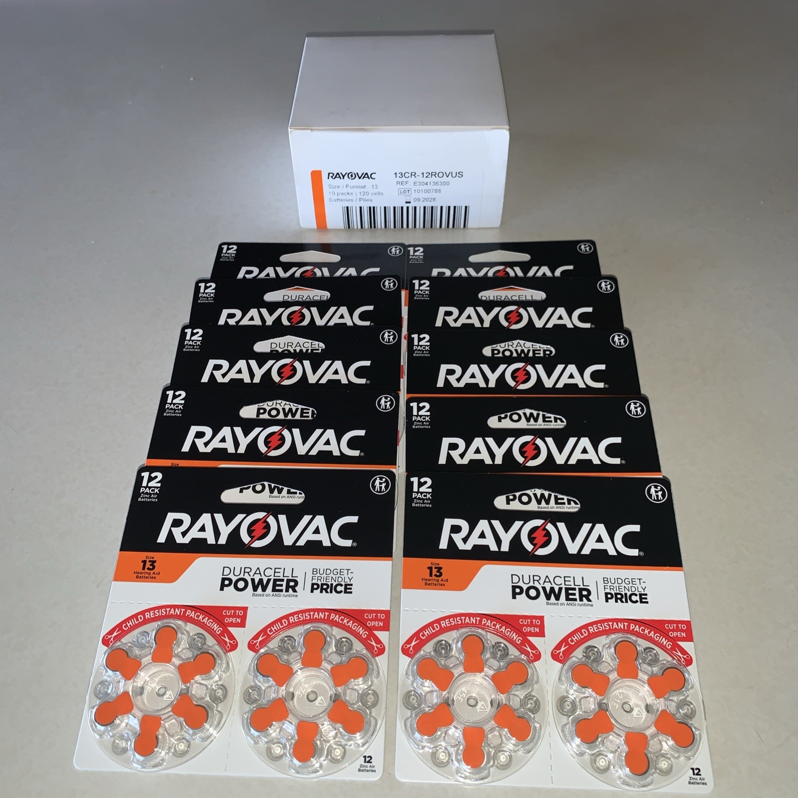 RAYOVAC Size 13 Hearing Aid Batteries 12 Pack Lot Of 120 Batteries Total 10/Box