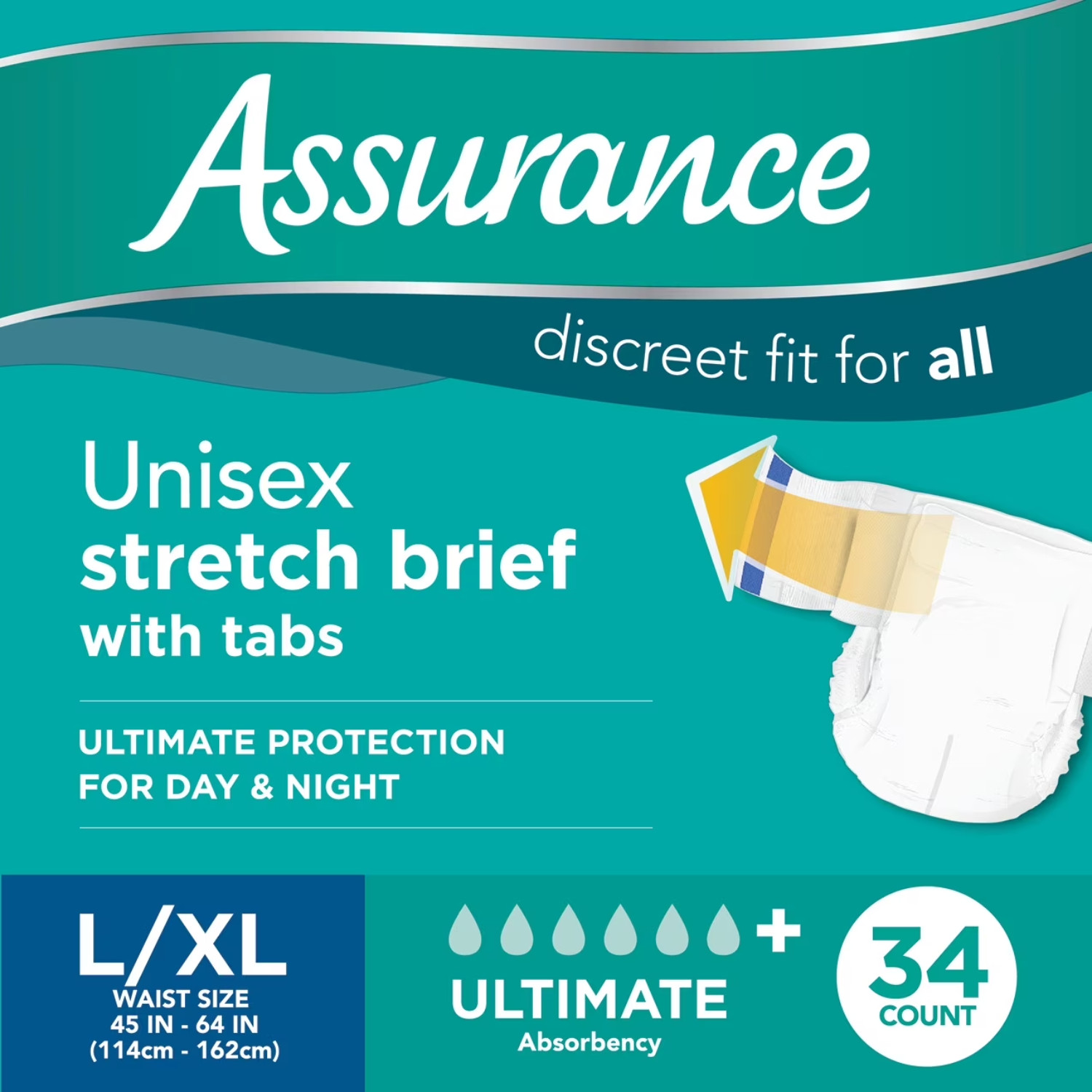 2 Pack Assurance Stretch Briefs With Tabs L XL 34 Count Unisex Adult