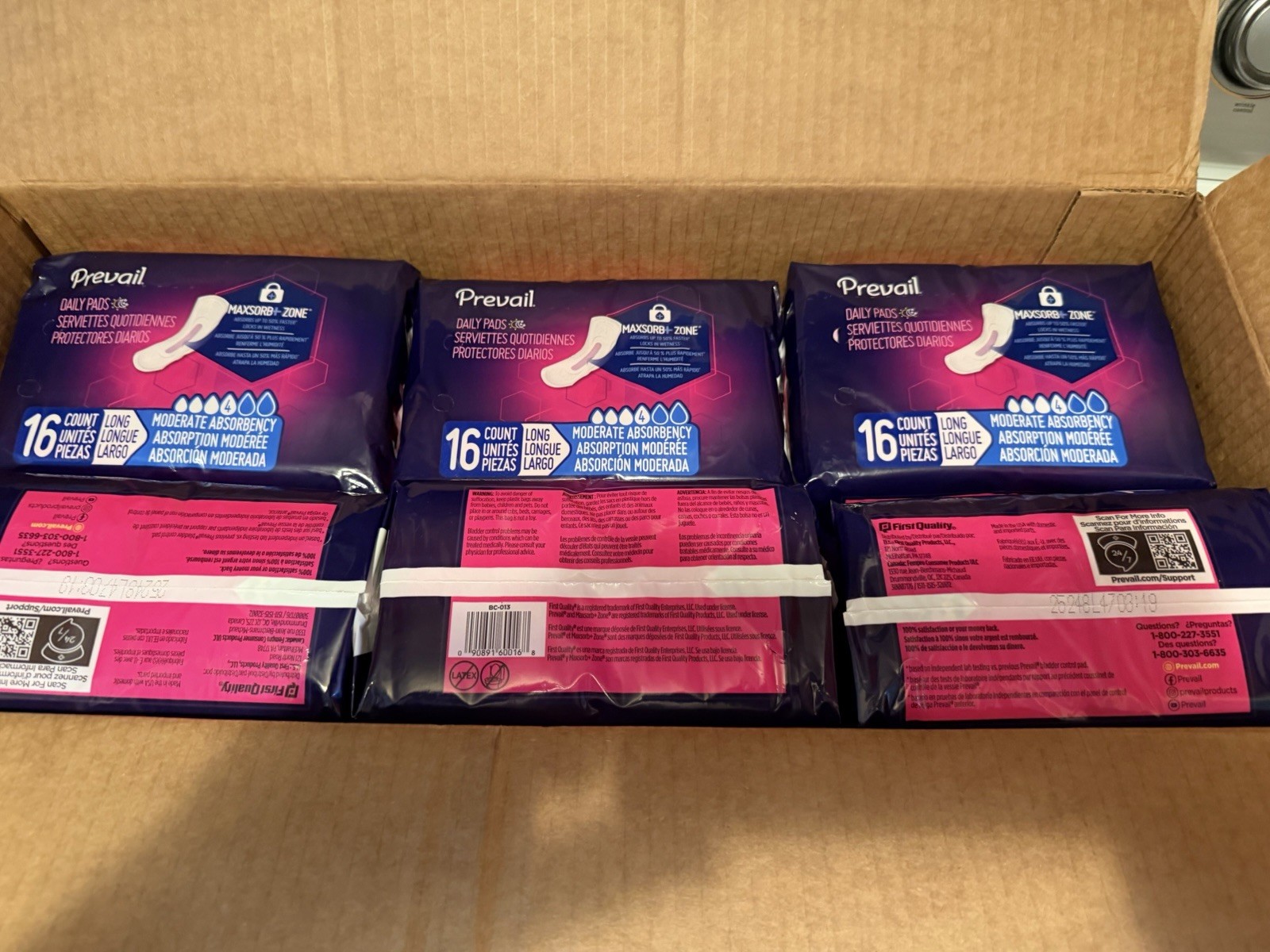 Case of 96 pads Prevail Daily Incontinent Pad Long Moderate Absorb (6Pk Of 16)