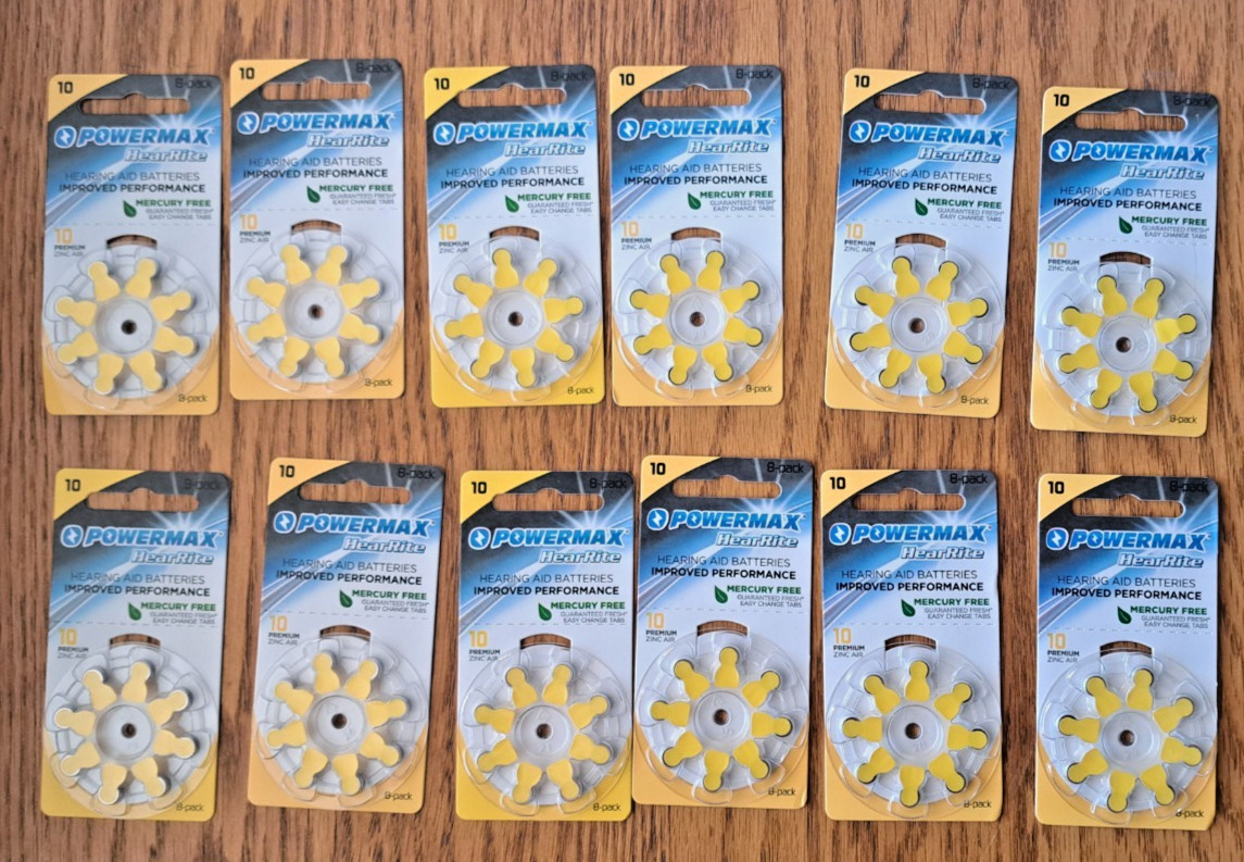96-Count PowerMax Size 10 Hearing Aid Batteries Yellow Tab EXP 09/2027